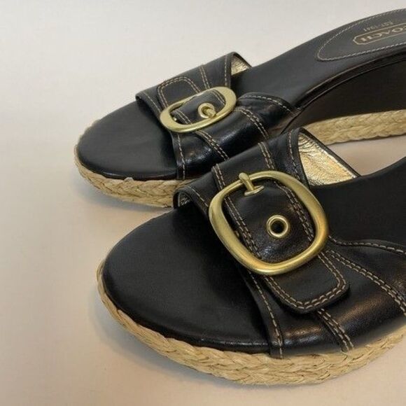 Coach Greer Black Leather Espadrille Wedge Sandals Women Size 11B - Picture 5 of 12